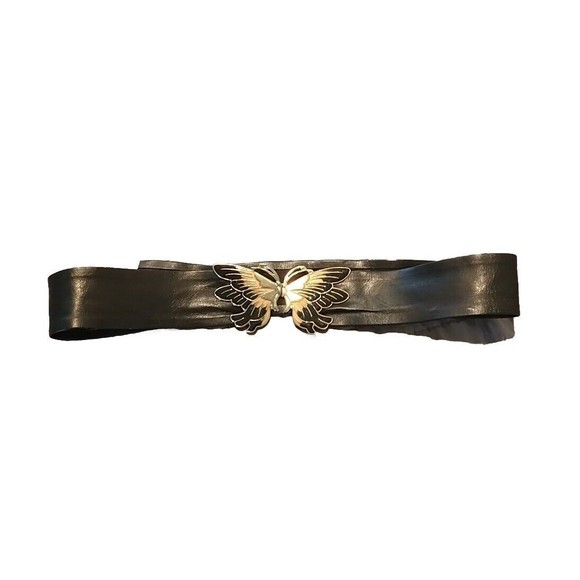 Vintage 80s Faux Leather Waist Belt Black Gold Butterfly Buckle Clasp Size 33 main image 4